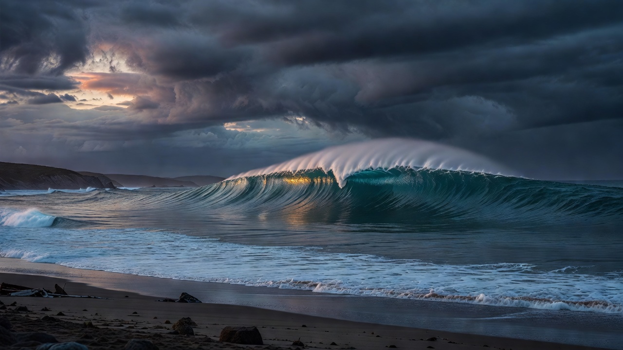 Long right-hand point wave in Baja lit by storm light at dusk