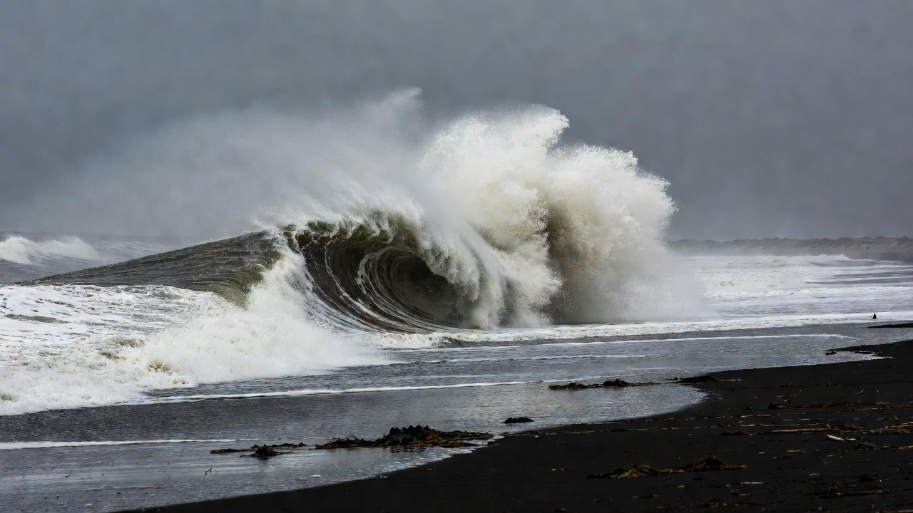 Thick shorebreak detonating on a dark beach in Hossegor under grey autumn sky