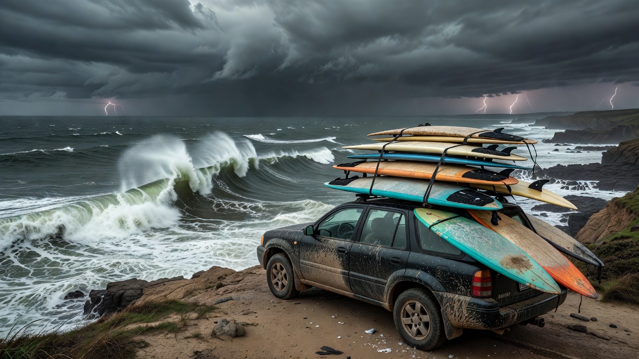 Surfboards on a car roof rack parked above a stormy coastline